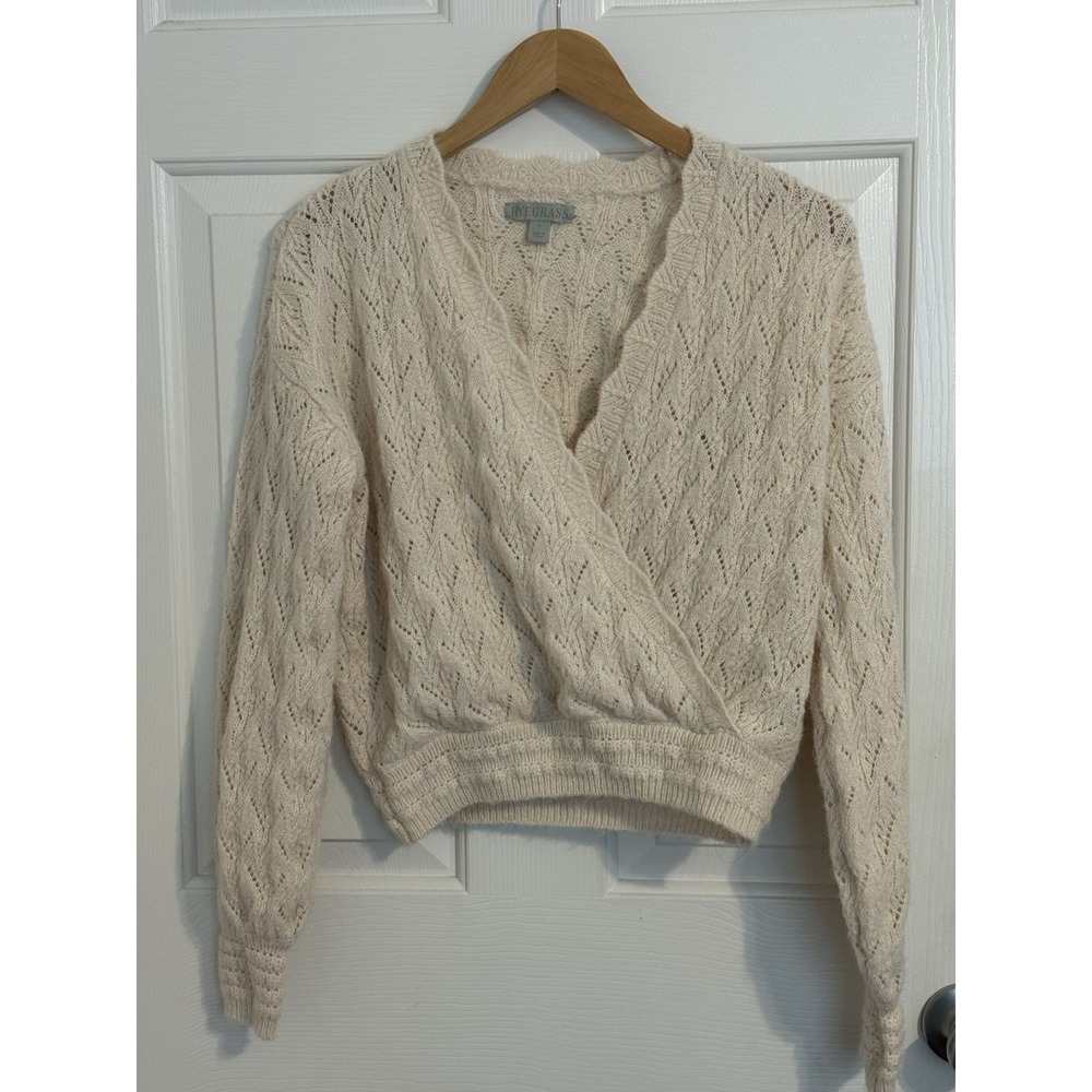 RYEGRASS Women's Beige Open-Knit Wrap Sweater V-Neck Long Sleeve Size S